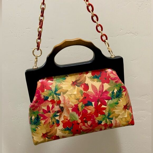 Handmade Genuine Leather Floral Print Large wooden Frame Bag & 2 Strap Styles - Picture 2 of 15